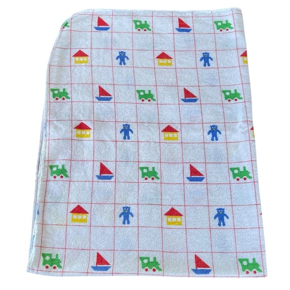 VTG Primary Color Grid Pattern Flannel Receiving Blanket Sailboat Bears Trains - Picture 4 of 7